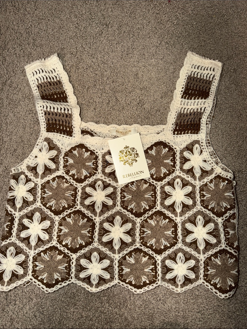 Rebellion Crochet Hexagon Floral Tank Top in Brown and Cream Medium